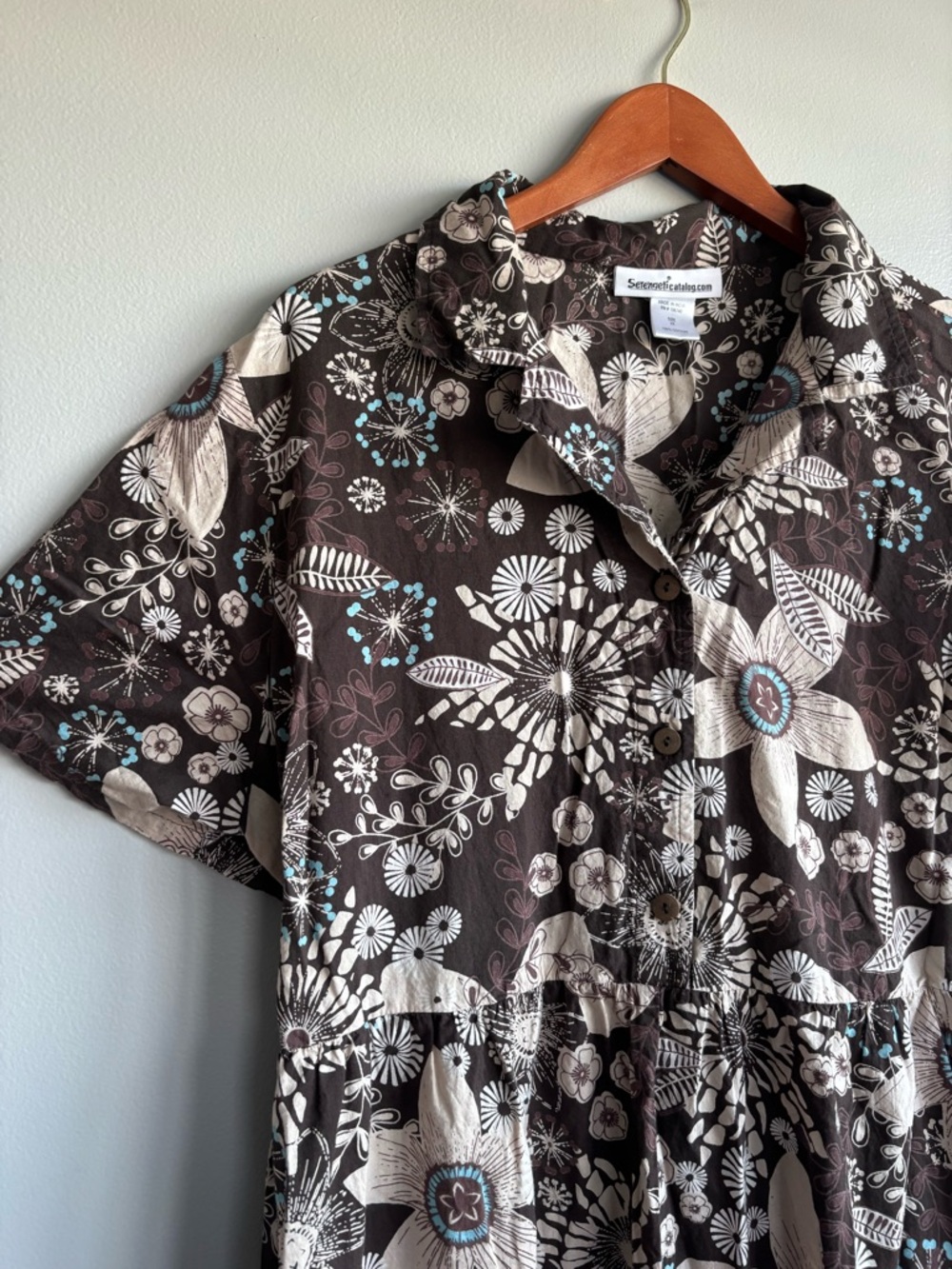 Serengeti Brown Tan Floral Full Button Short Sleeve Cotton Collar Midi Dress 2X - Picture 8 of 8